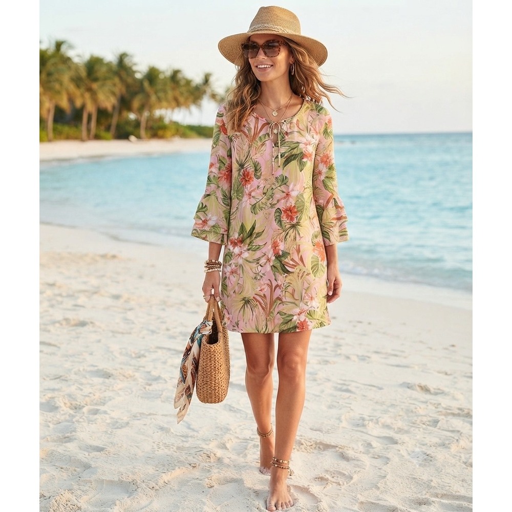 J. Jill Tropical‎ Floral Bell Sleeve Shift Dress Pink Green Boho XL New